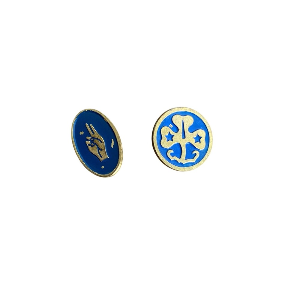 Girl Scouts Pin Set Brownie Trefoil Hand Sign Blue Gold Vintage Good Enamel Lot